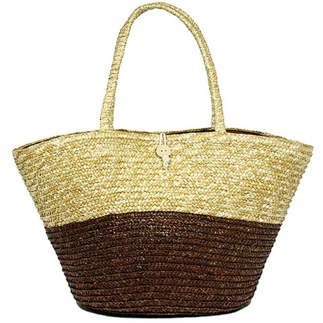 Straw Tote: Woven Wheat Straw Tote - 2 Tones - Brown - BG-R11053BN